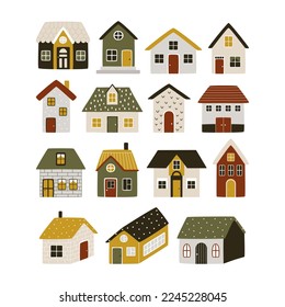Set of cute colorful scandinavian houses isolated. Vector illustration of exterior decorations for childish room or clothes