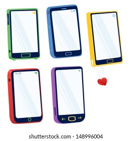 Set of cute colorful smart phones isolated on white. Vector illustration. Icon set.