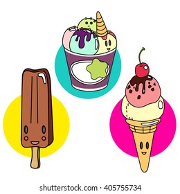Set of cute colorful smiling ice-creams icons. Waffle cone, popsicle and a few scoops in a bowl. Hand drawn vector set of elements.