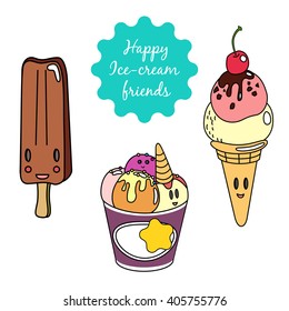 Set of cute colorful smiling ice-creams icons. Waffle cone, popsicle and a few scoops in a bowl. Hand drawn vector set of elements.