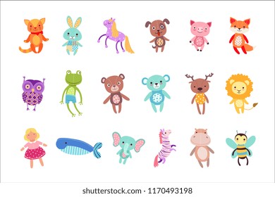 Set of cute colorful soft plush animal toys vector Illustrations