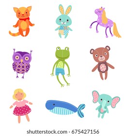 Set of cute colorful soft plush animal toys vector Illustrations