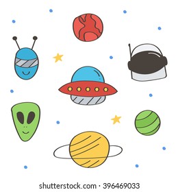 Set of cute and colorful space doodles isolated on white background. Aliens and planets doodles.