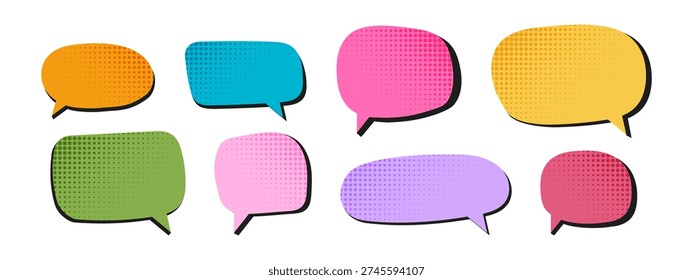 Set of cute colorful speech bubble templates with dotted halftone textures. Talk balloons, textboxes, chat stickers, message tags, idea labels isolated on white background. Vector flat illustration.