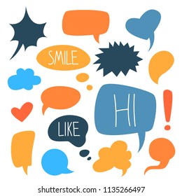 Set of cute colorful speech bubbles or dream clouds for dialog. Empty chat balloons. Elements for communication. Isolated flat illustration