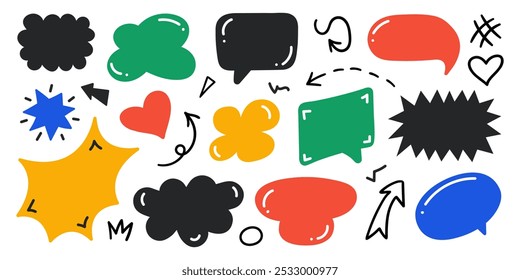 Conjunto de burbujas de discurso de colores lindos. Diseño de palabra de globo de dibujos animados. Ilustración vectorial