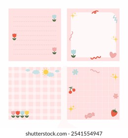 Set of cute colorful square notes with abstract objects and fruits. Printable notes for journaling, school and work.