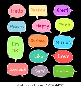 set of cute colorful sticker with short message, hand drawn set of doodle speech bubble for chat symbol, dialog word, tag or label