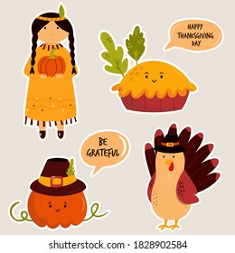 Set of cute colorful stickers for Thanksgiving day. Indian girl, turkey, funny pie and pumpkin.