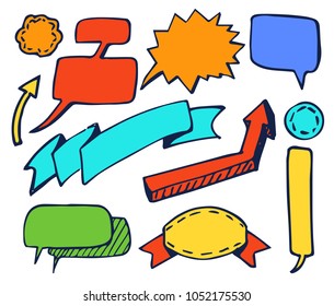 Set of cute colorful stickers vector illustration with light blue ribbon, red green orange and deep blue message windows, bright red and yellow arrow