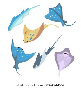 Set of cute colorful stingrays cartoon vector illustration. Different swimming Manta Rays, sea animals living in ocean. Animal, nature, fish, sea concept for banner design or landing page