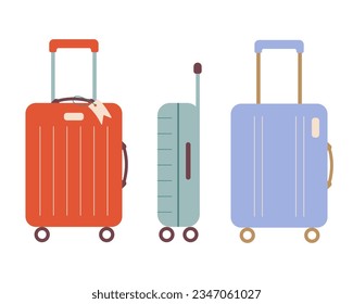 Set of cute colorful suitcases on wheels. Vector illustration of luggage