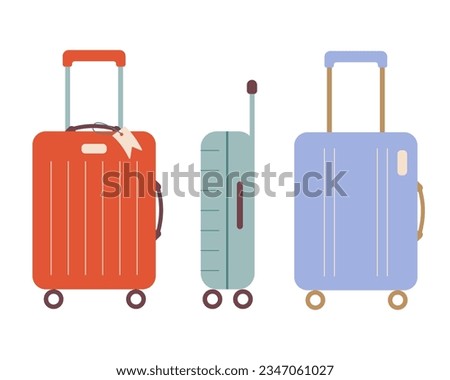 Set of cute colorful suitcases on wheels. Vector illustration of luggage