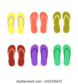 Set with cute and colorful summer flip flops for beach holiday. String of unisex flip flops shoes for comfortable walking on beach and pool. Isolated illustration on white background