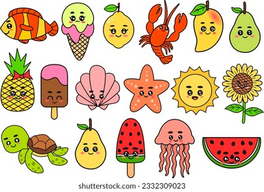 Set of cute colorful summer fruits, food and sea animals on white background.