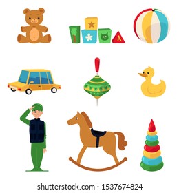 Set of cute colorful toys for kids flat cartoon vector illustration isolated on white background. Children game objects collection for play, education cards and fun.