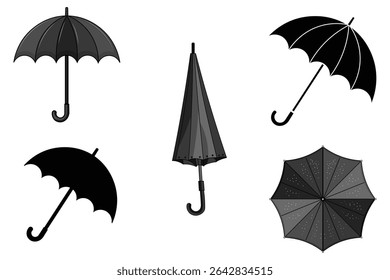 Set of cute colorful umbrellas in flat vector style, cartoon rain protection design, seamless pattern for children’s prints, decorative weather elements, bright pastel rainy day icons

