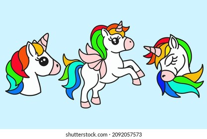 Set of Cute Colorful Unicorn magic Horse doodle Cartoon Animal Pet Character Happy collection illustration