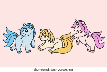Set of Cute Colorful Unicorn magic Horse doodle Cartoon Animal Pet Character Happy collection illustration
