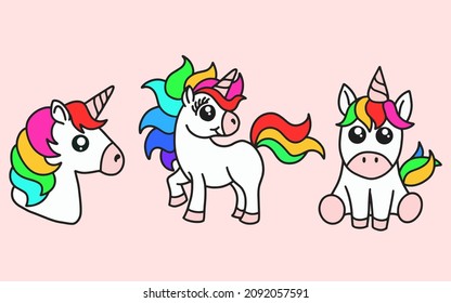 Set of Cute Colorful Unicorn magic Horse doodle Cartoon Animal Pet Character Happy collection illustration