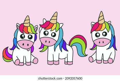 Set of Cute Colorful Unicorn magic Horse doodle Cartoon Animal Pet Character Happy collection illustration