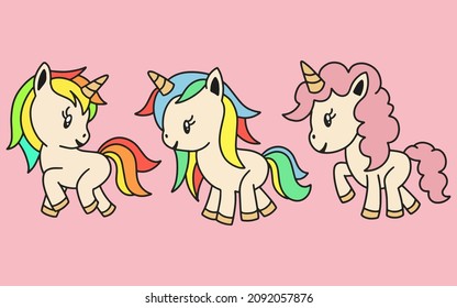 Set of Cute Colorful Unicorn magic Horse doodle Cartoon Animal Pet Character Happy collection illustration