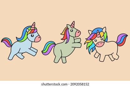 Dibujo de la colección Happy de Cute Colorful Unicornio Magnífico Doodle de caballo Caricatura Animal Pet Character