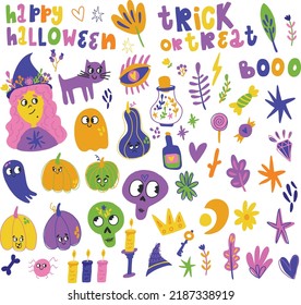 Set of cute, colorful, vector elements for Halloween with a lot of designs, cat, witch, pumpkin, ghosts, star, trendy colors