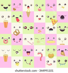 set of cute colorful  vector faces eating snacks