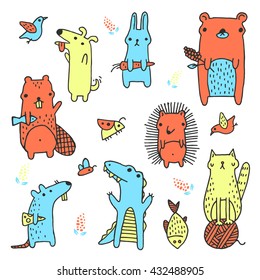 set of cute colorful vector hand drawn animals