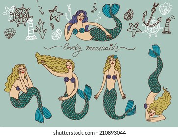 Set of cute colorful vector mermaids
