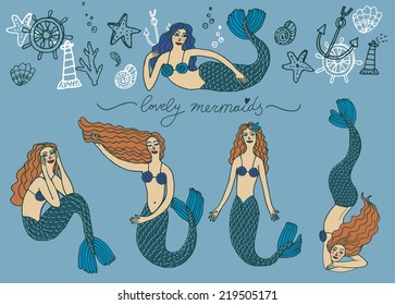 Set of cute colorful vector mermaids. Isolated editable objects.