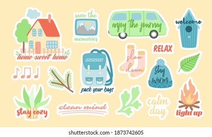 Set of cute colorful vector stickers of various symbols of journey and camping during vacation or weekend day with inscriptions