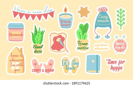 Set of cute colorful vector stickers of assorted minimal symbols of coziness and comfort with stylish creative inscriptions and slogans