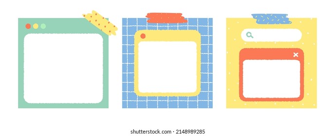 Set of cute colorful web browser window notepad with tape hand drawn vector illustration. Empty pop up. Template paper for sticker note, memo. Cartoon style. Isolated on white.