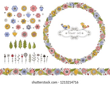 Set of cute colorfull  doodle flower wreath, flower,leaves, branches, fun birds and flower brush and calligraphic frame. Vector background.