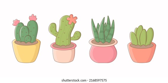 Set of cute colourful cactuses, potted plants. Collection of colourful cacti, house plants in cartoon style. Vector illustration isolated on white background