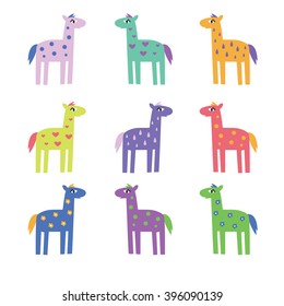 Set of cute colourful horses with pattern. Cartoon vector illustration.
