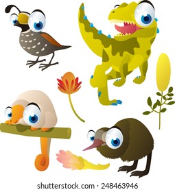 set of cute comic animals: quail, dinosaur, couscous, kiwi