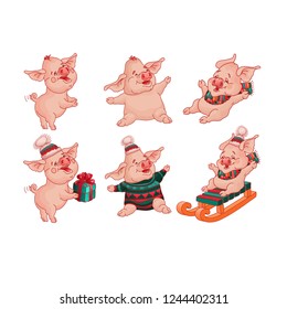 Set of Cute comic cheerful pigs. Pig in hat. Pig sits on gift box. Pig on sled. Piglet laughs and fell from laughter. Funny piglet cartoon style isolated on white background. Vector illustration.