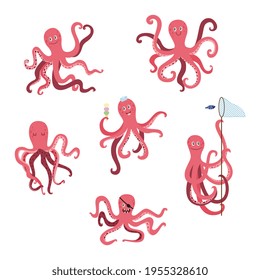 Set of cute comic octopus characters flat vector illustration isolated.