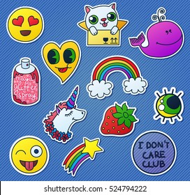 Set of cute comic style stickers. Fashion cloth patch badges. Cartoon vector illustration isolated from background. Smile, Rainbow, Unicorn, Whale, Strawberry, Eye, Star, Cat