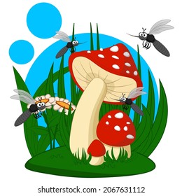 A set of cute comoros circling over the fly agaric in the meadow. Cartoon vector illustration for kids