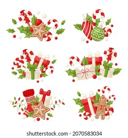 Set of cute compositions with Christmas and New Year elements in cartoon style, isolated on white background. Vector compositions for design stickers, cards, invitations, banners and others.