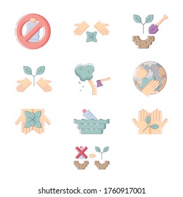 Set of cute compositions dedicated to ecological issues. White background. Linear style illustration.