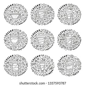 Set of cute compositions with doodle outline coffee drinks, lettering and other elements isolated on white background.