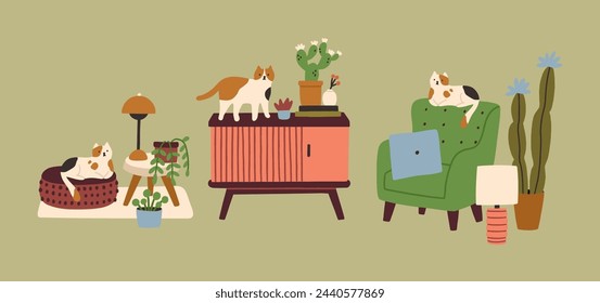 Set of cute compositions with stylish furniture, decorations, plants and cat. Perfect for social media posts, tattoo, cards and posters. All elements are isolated.