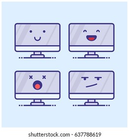 Set Of Cute Computer Monitor Emoji Line Icons 