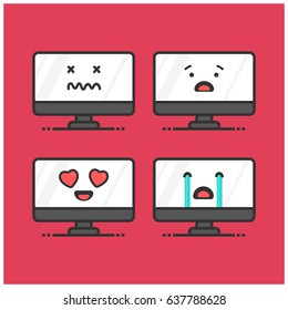 Set of Cute Computer Monitor Emoji Line Icons 