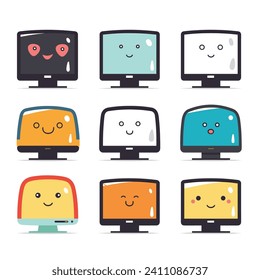 Set of cute computer monitors with smiling faces and various expressions. Colorful and cheerful digital device characters. Adorable technology mascot design vector illustration.